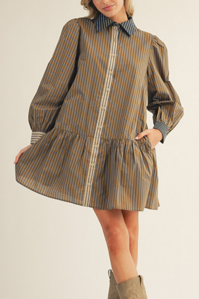 Casual Pinstripe Ruffles Dress
