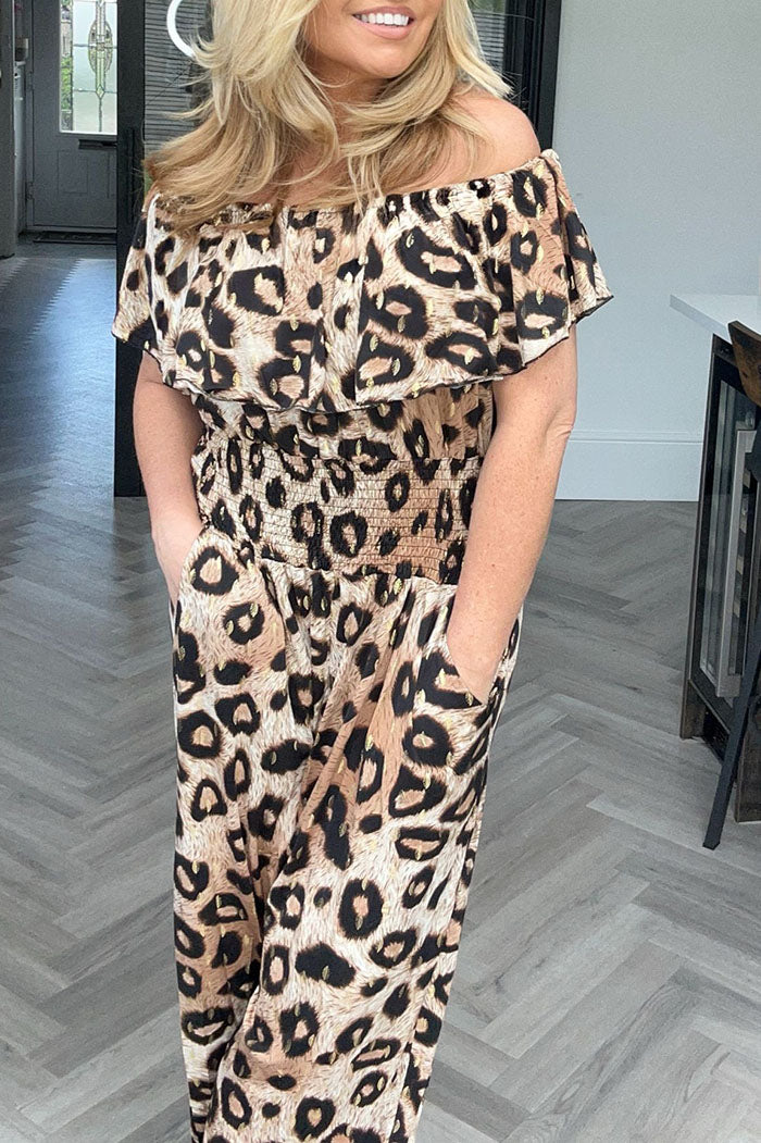 Off The Shoulder Animal Print Jumpsuit
