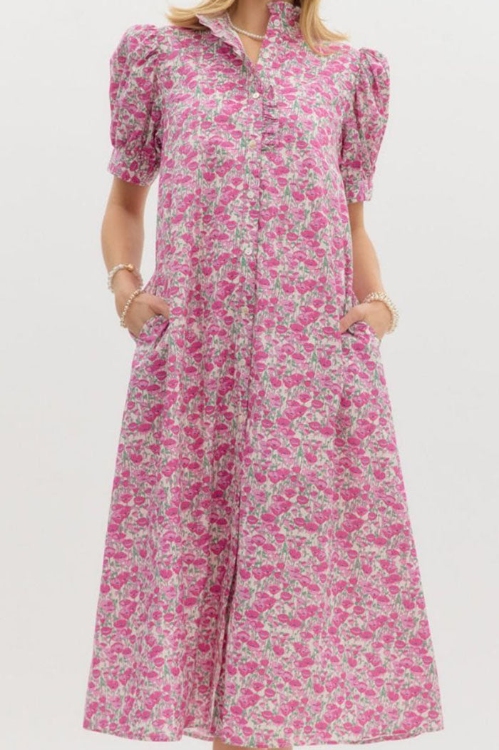 Floral Ruffles Puff Sleeves Pockets Dress
