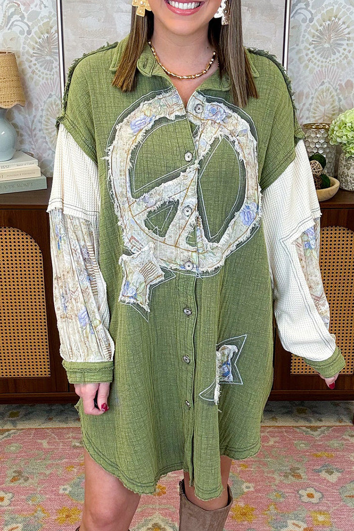 Patchwork Peace Sign Button Front Shirt Dress