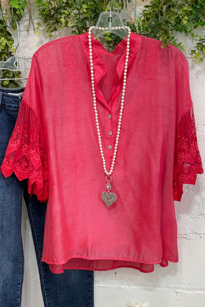 Strawberry Pink Lace Ruffle Short Sleeve Button Front Top
