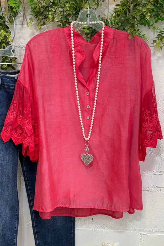 Strawberry Pink Lace Ruffle Short Sleeve Button Front Top