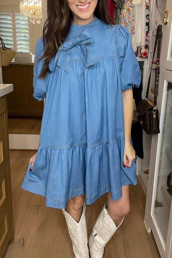 Bow Detail Ruffles Hem Dress