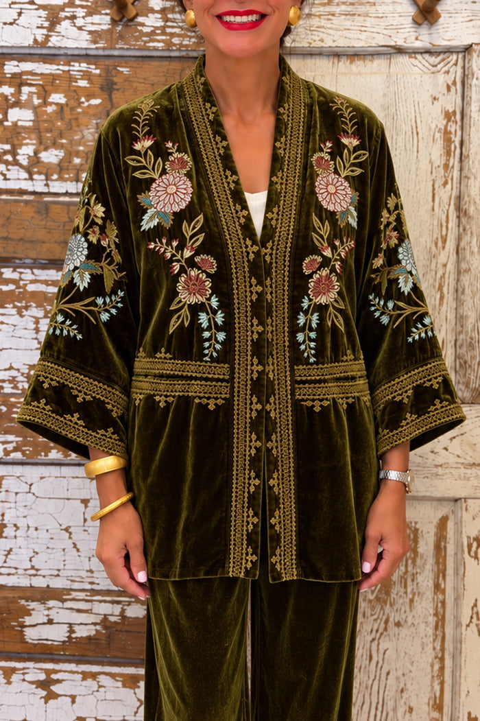 Evergreen Velvet Floral Embroidered Kimono
