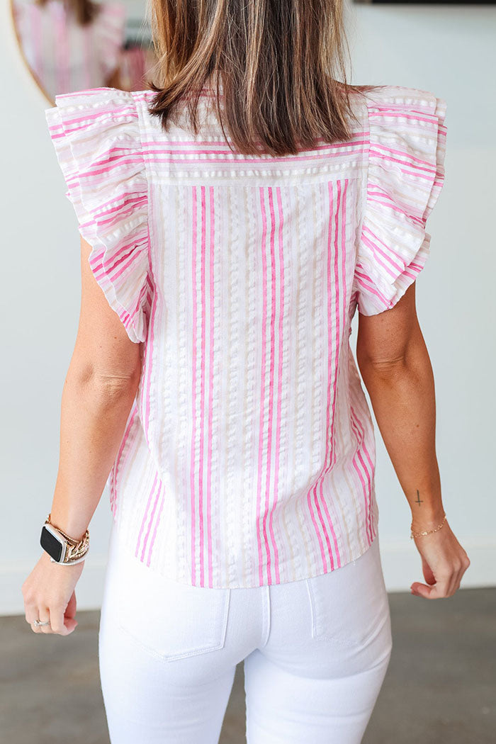 Striped Ruffle Sleeve Button Top