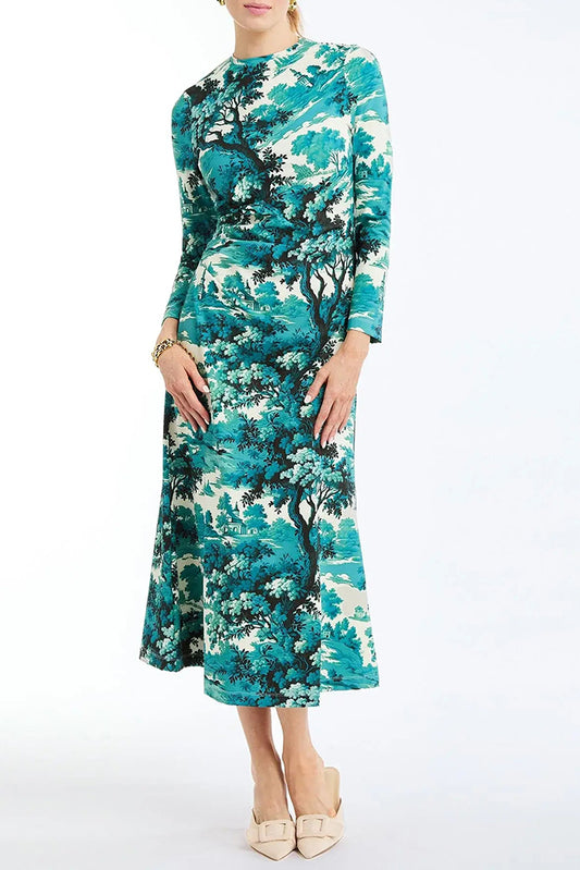 Landscape Print Long-Sleeve Midi Dress