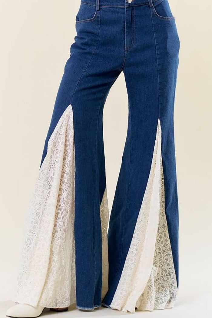 Lace Insert Panel Bell Bottom Stretch Jeans