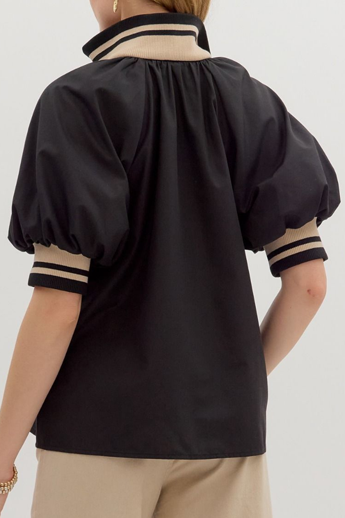 Puff Sleeve  Stripe Collar Top