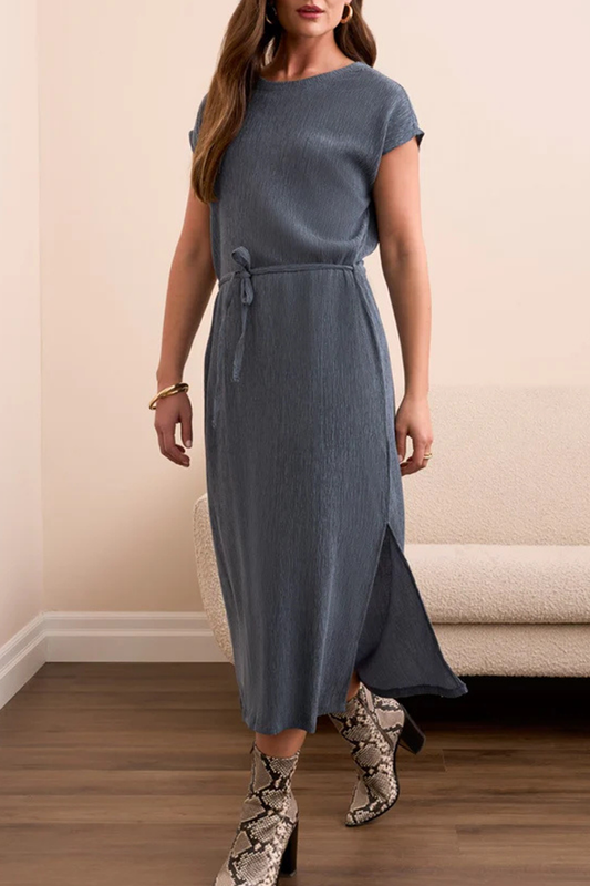 Two-Tone Crinkle Belted Dress