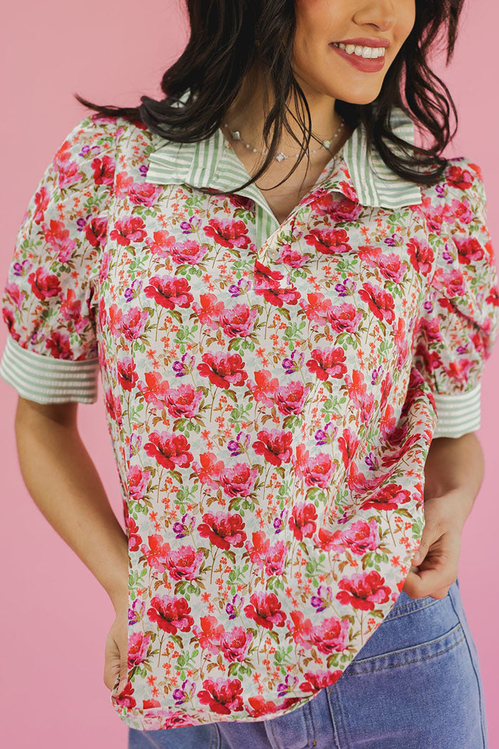 Striped Ruffle Collar Floral Top