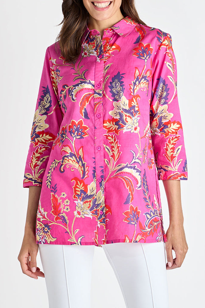 Feathered Floral 3/4 Sleeve Button-Front Top
