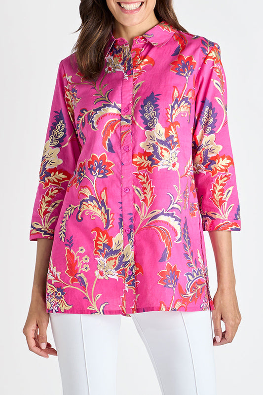 Feathered Floral 3/4 Sleeve Button-Front Top