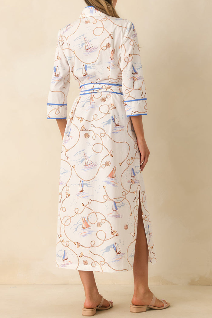 Ivory Multi Nautical Belted Slit Pocket Midi Dress