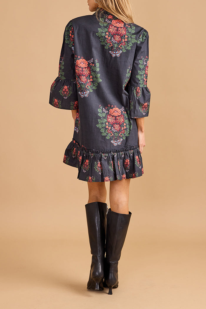 Stand-Collar Button-Front Ruffled Hem Dress