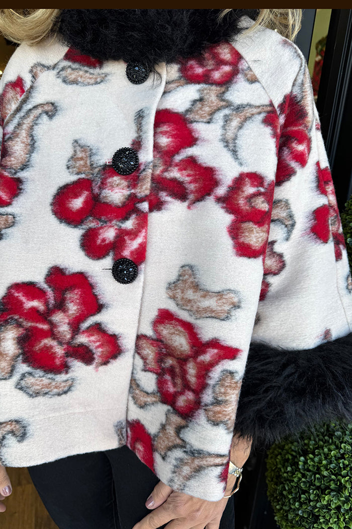 Floral Print Faux Fur-Trimmed Capelet Coat