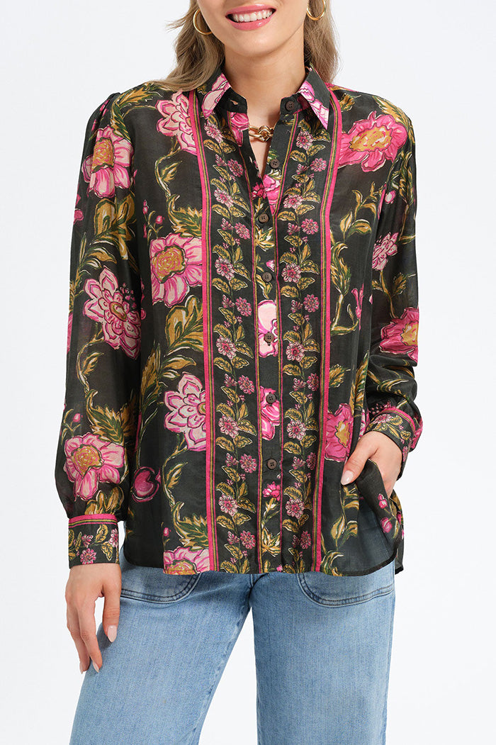 Vine Floral Print Stripe Trim Top