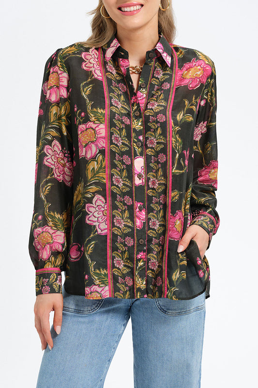 Vine Floral Print Stripe Trim Top