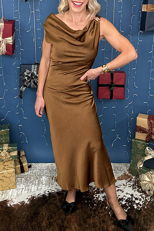 Crinkle Cowl Neck Draped Midi Dress