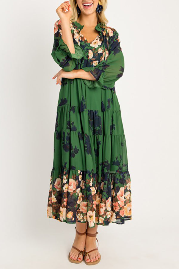 Elasticized Ruffle Collar Floral Dress