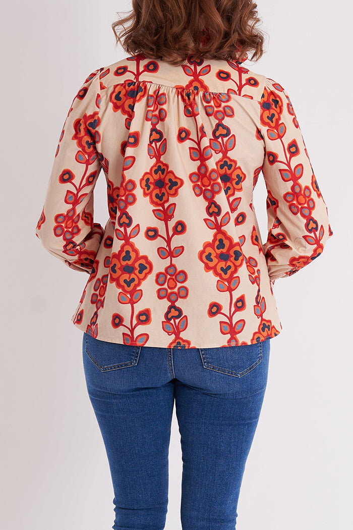 High Collar Button Print Top