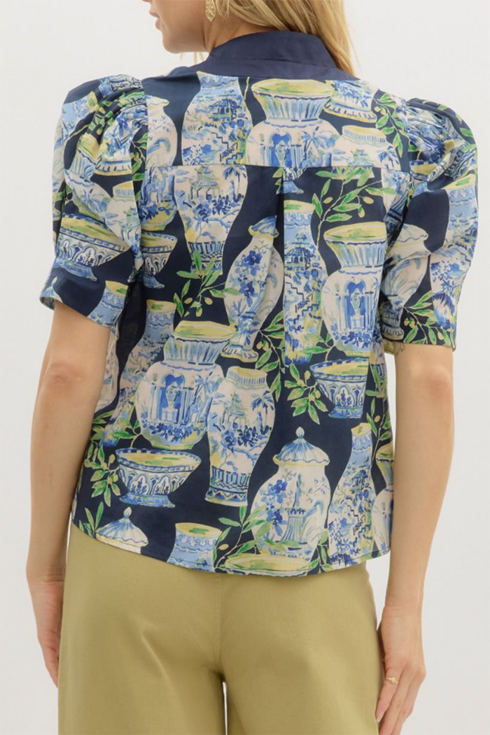 Porcelain Print Puff Sleeve Button Top