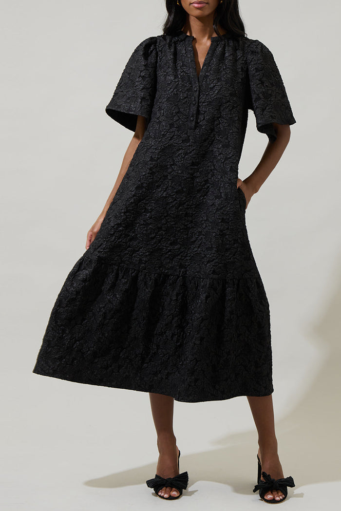 V-Neck Puff-Sleeve Midi Dress