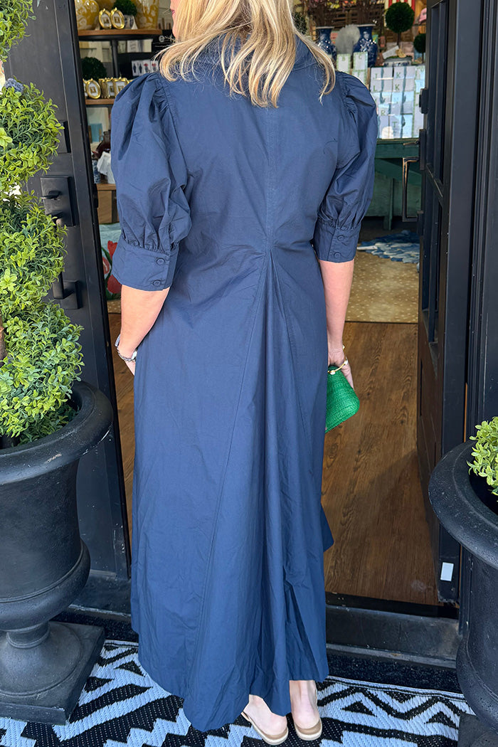 Navy Pocketed Puff Sleeve Midi Dress