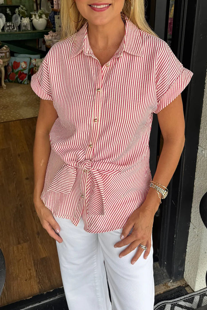 Short Sleeve Striped Tie Front Shirt Top