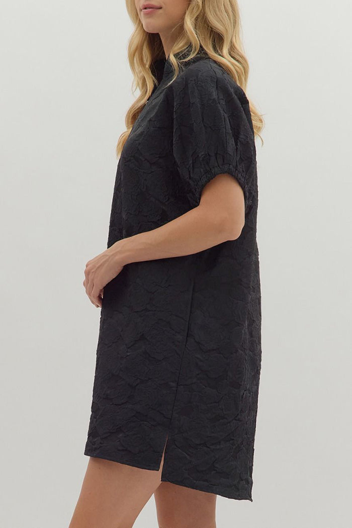 Pocketed Floral Jacquard Short Sleeve Mini Dress