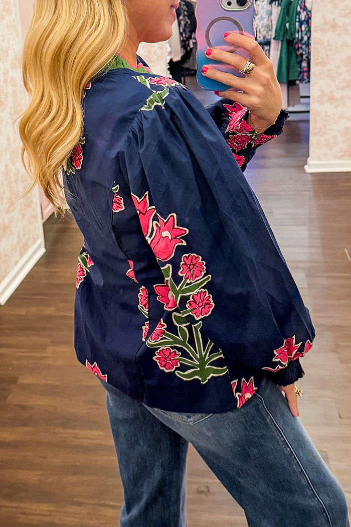 Ruffled V-Neckline Button-Front Top