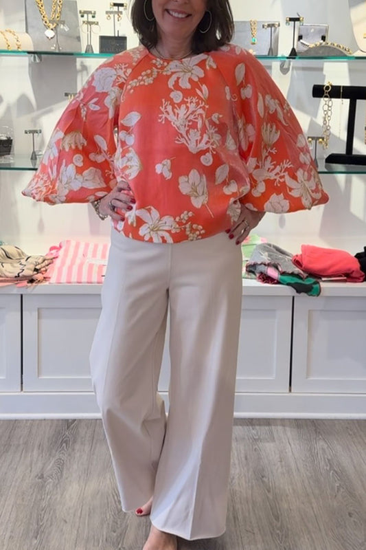 Casual Floral Balloon Sleeve Top