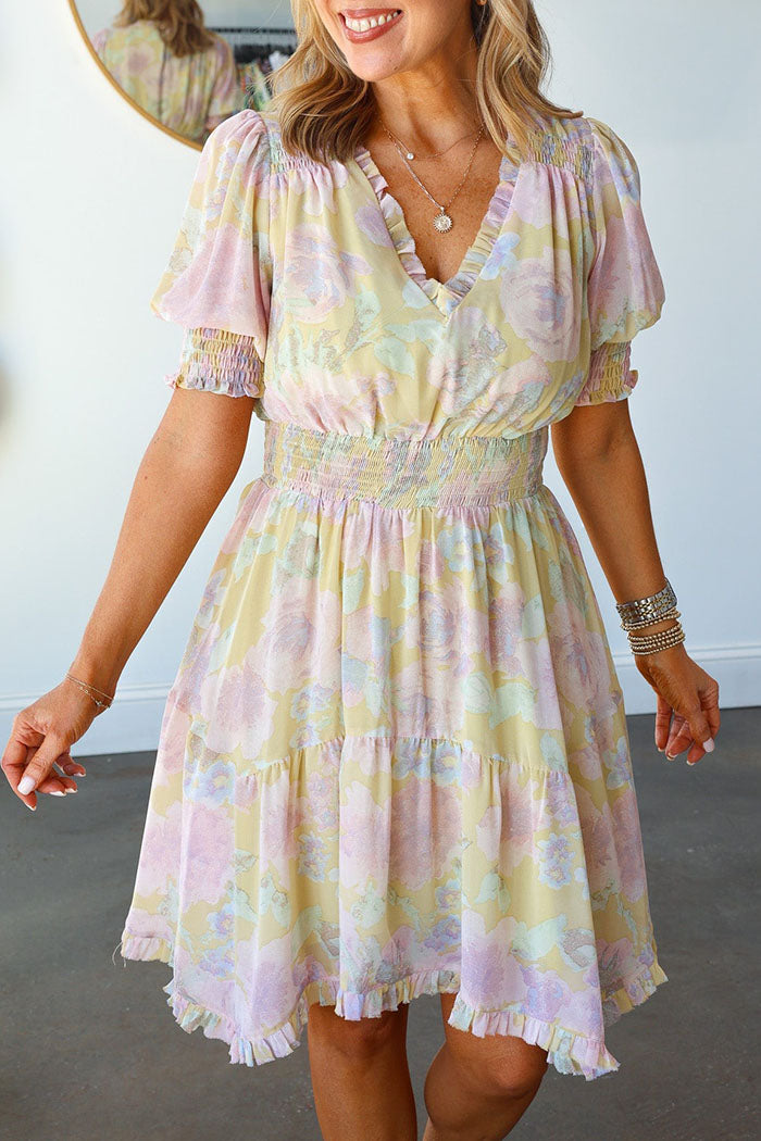 V-Neck Pleated Waist Floral Dress