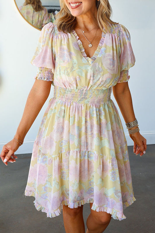 V-Neck Pleated Waist Floral Dress