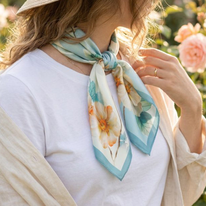 Turquoise Floral Square Scarf With Scarf Ring