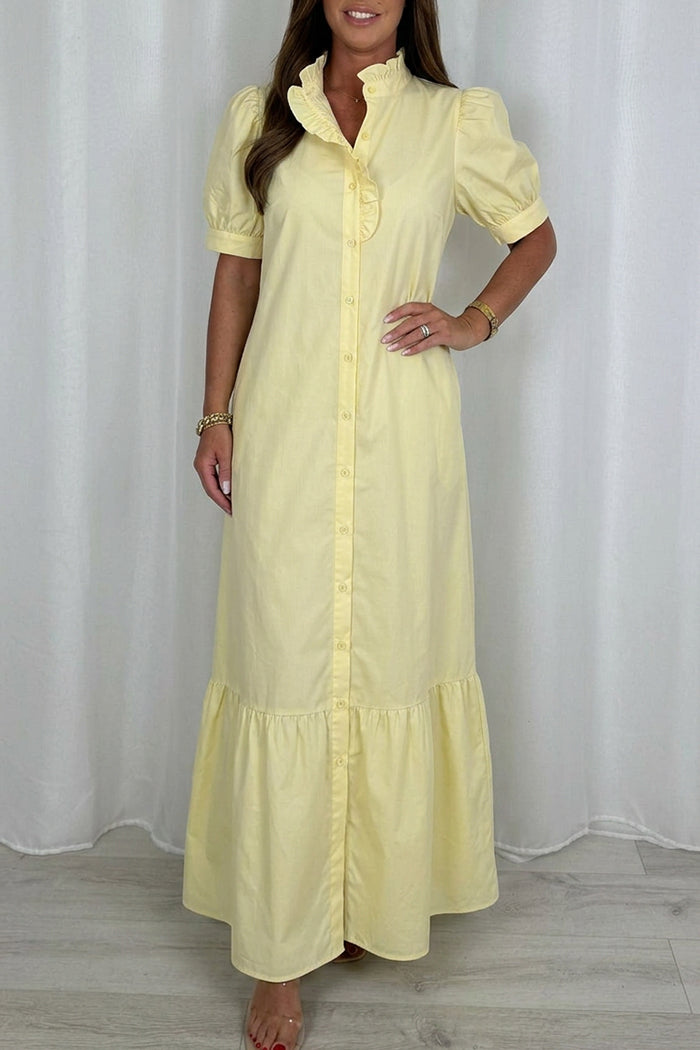 Ruffle Collar Puff Short Sleeve Tier Hem Shirt Maxi Dress
