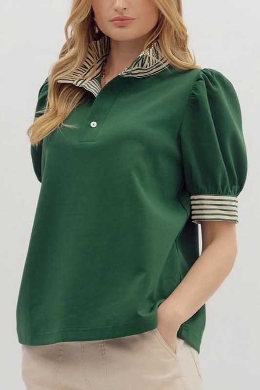 Striped Patchwork Puff Sleeve Top