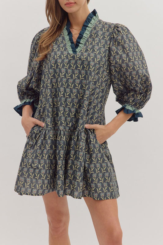 3/4 Puff Sleeves Ruffle Cuffs Pocket Dress