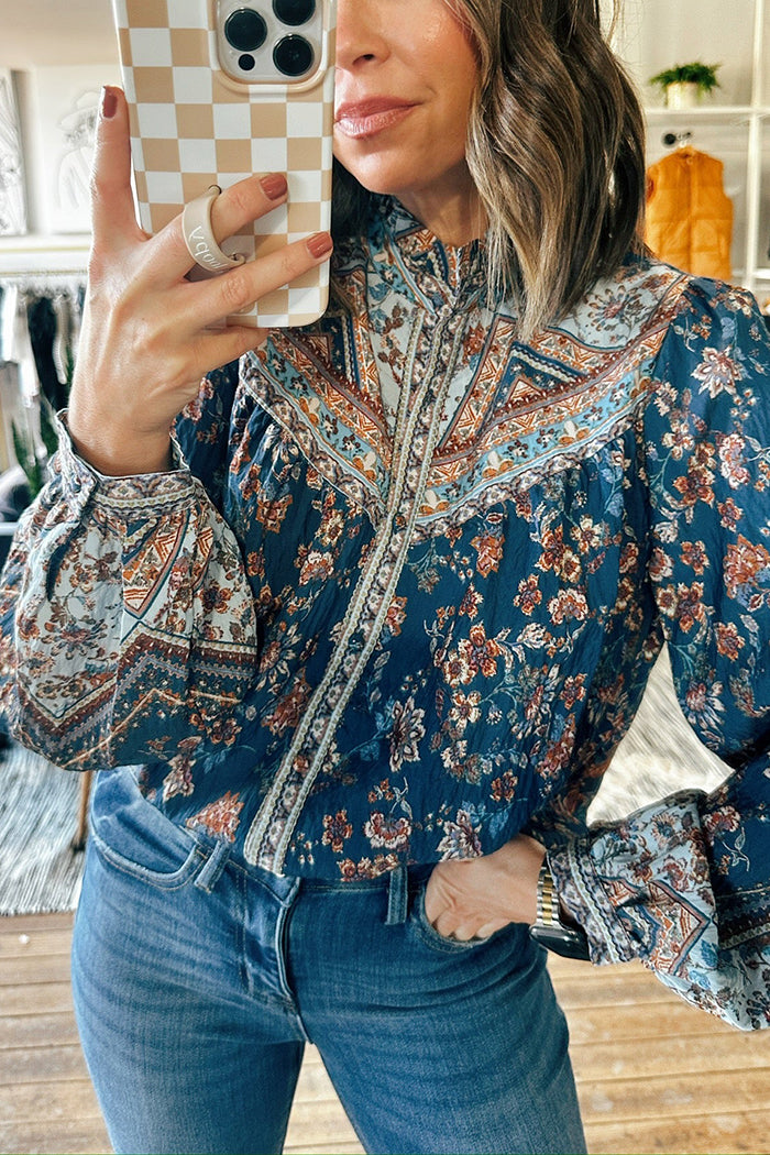 Border Print Button Down Blouse