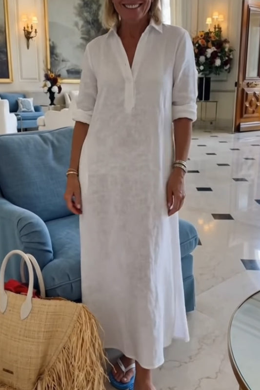 Casual Lapel Roll Sleeve Maxi Dress