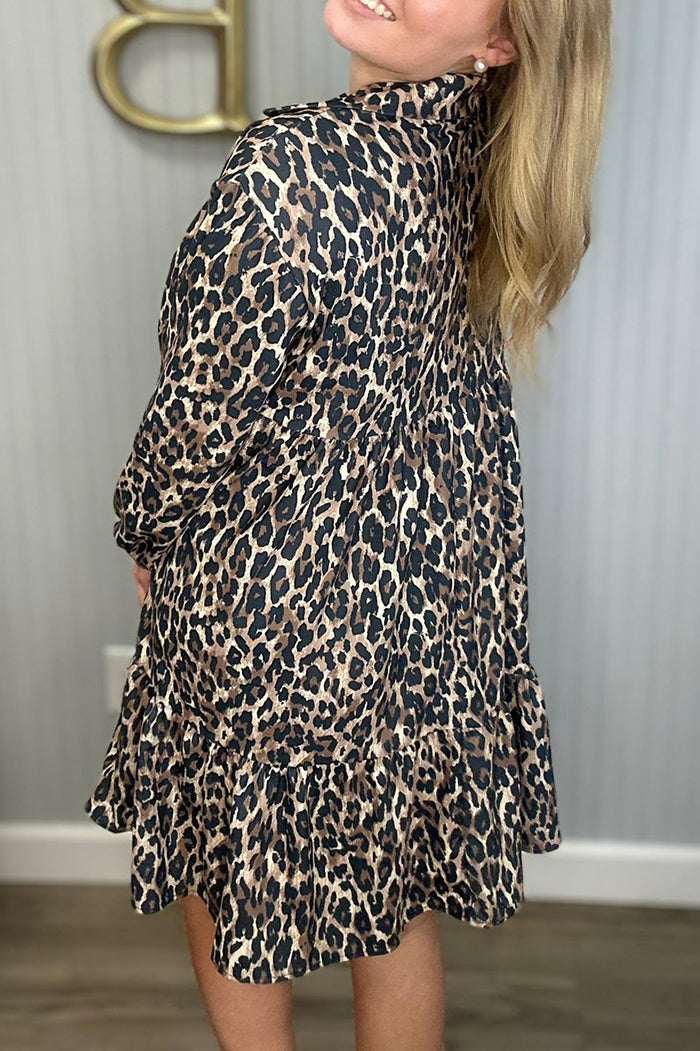 Casual Leopard Collared Ruffle Bottom Dress