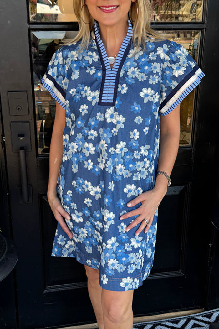 Denim Blue Floral Pocketed Dress