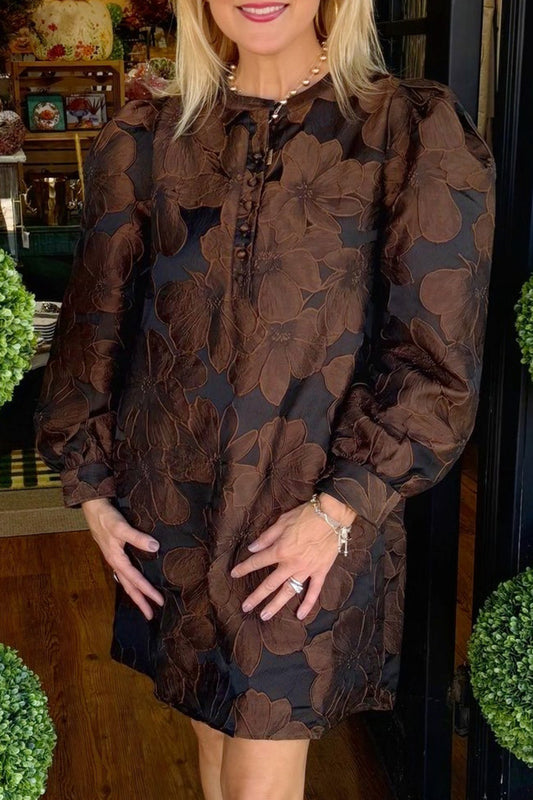 Oversized Floral Jacquard Puff Sleeve Dress