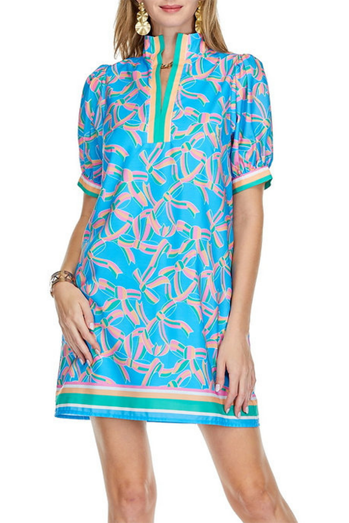 Stripe Trim Bow Print Pocket Dress