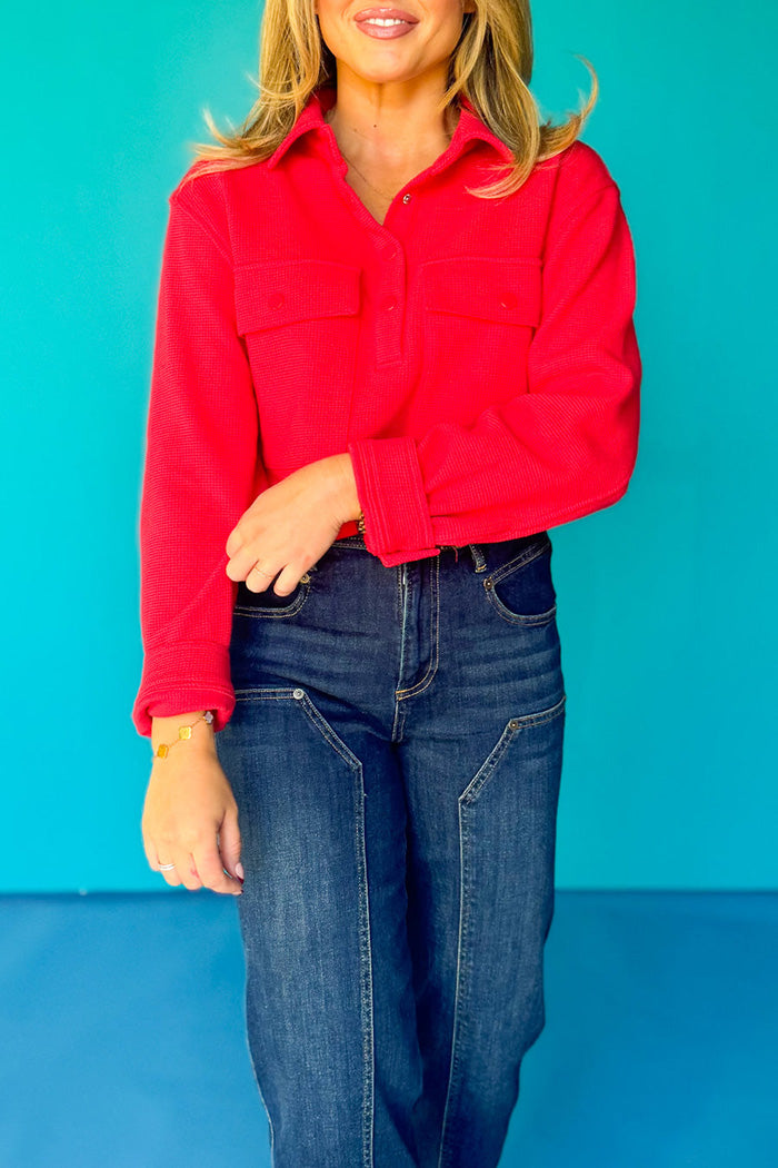 Pocketed Waffle Knit Cropped Shacket Top