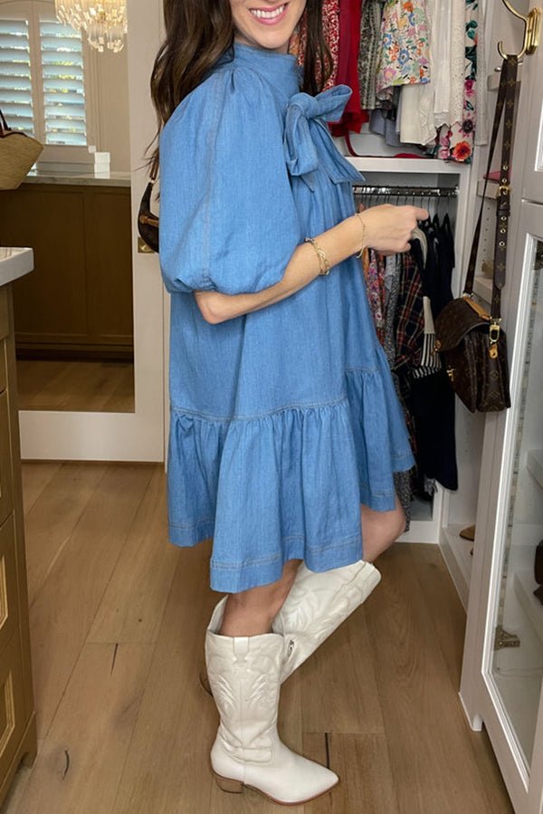 Bow Detail Ruffles Hem Dress