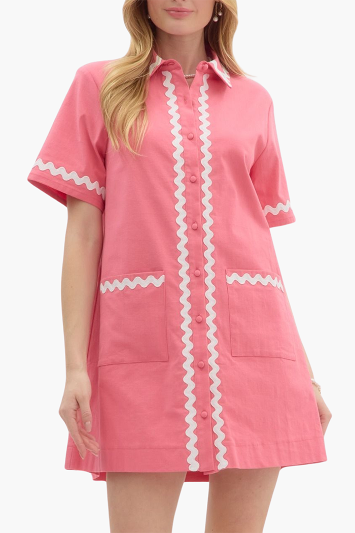 Zigzag Trim Button Pocket Dress