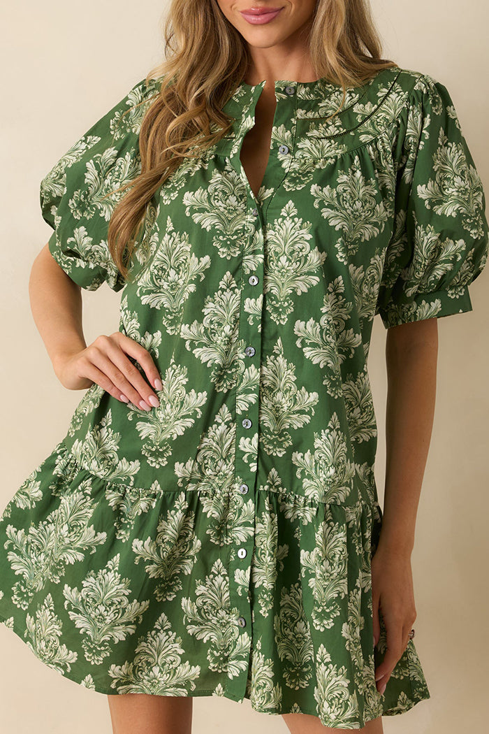 Print Puff Sleeves Pocket Mini Dress