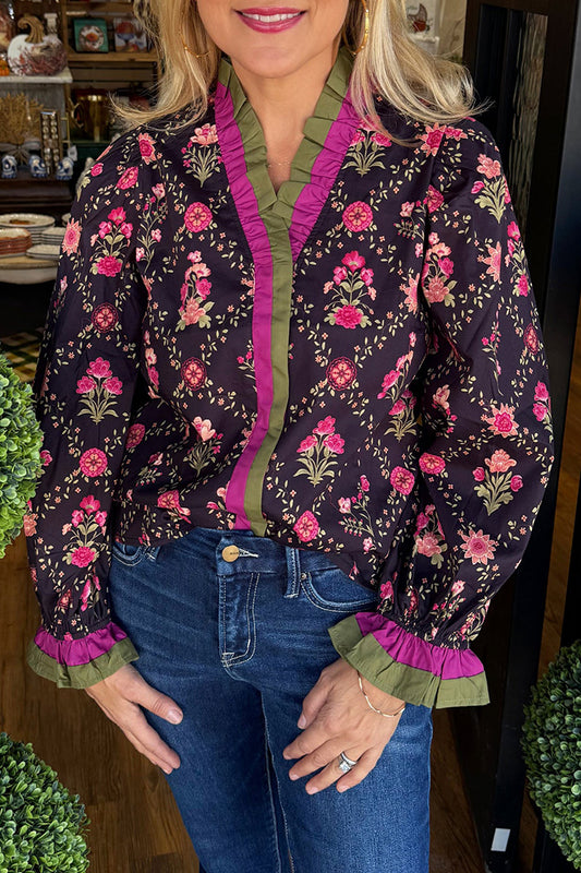 Ruffled Trim Floral Print Top