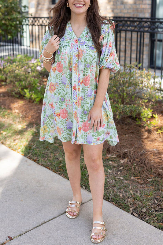 Casual Puff Sleeve Floral Dress