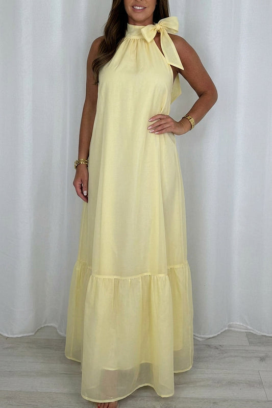 Bow Halter Neck Tiered Flowy Maxi Dress